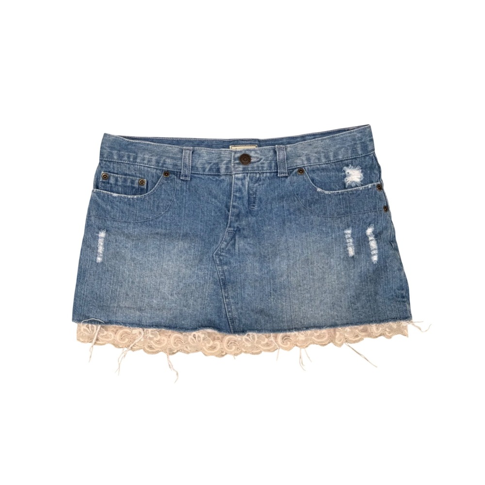 Angel Kiss Blue Denim Mini Skirt Lace Trim Distressed Low Rise Size 5